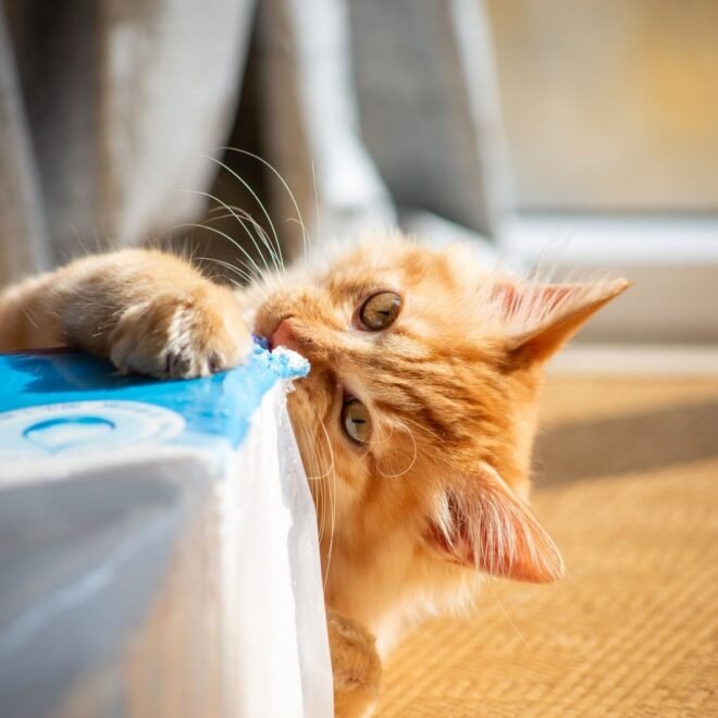 Disposable crystal litter tray with blue crystals on a laundry room floor